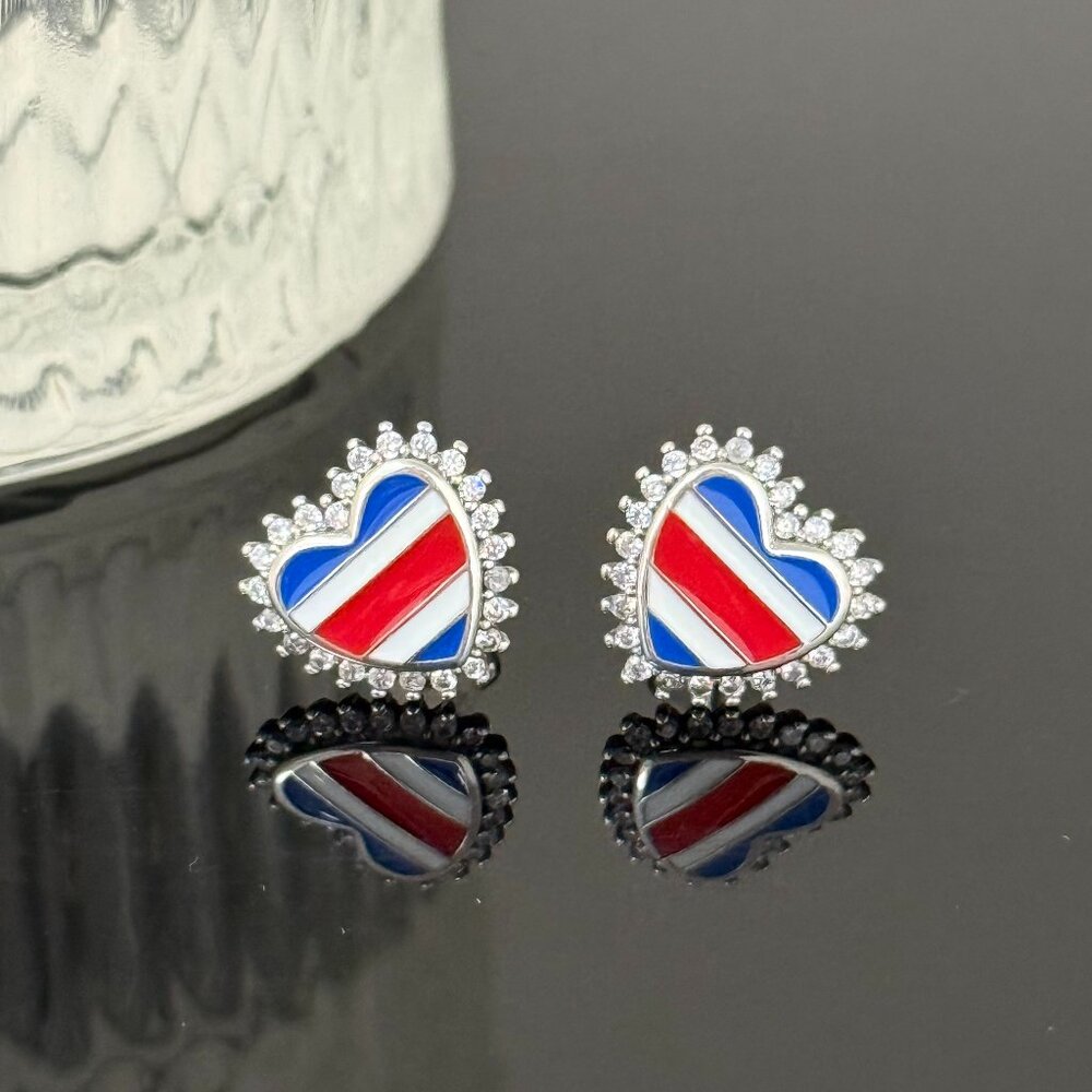 Costa Rica Flag Earrings Heart bling S925 Sterling Silver Handmade Ear Stud